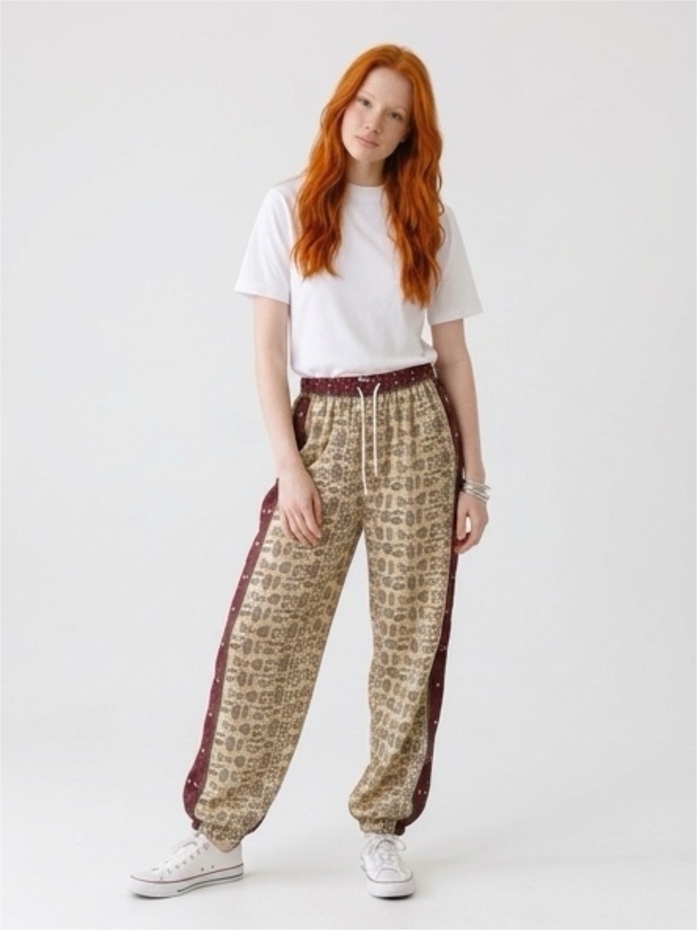 Advance Apparels Beige Leopard Print Joggers with Maroon Side Stripes
